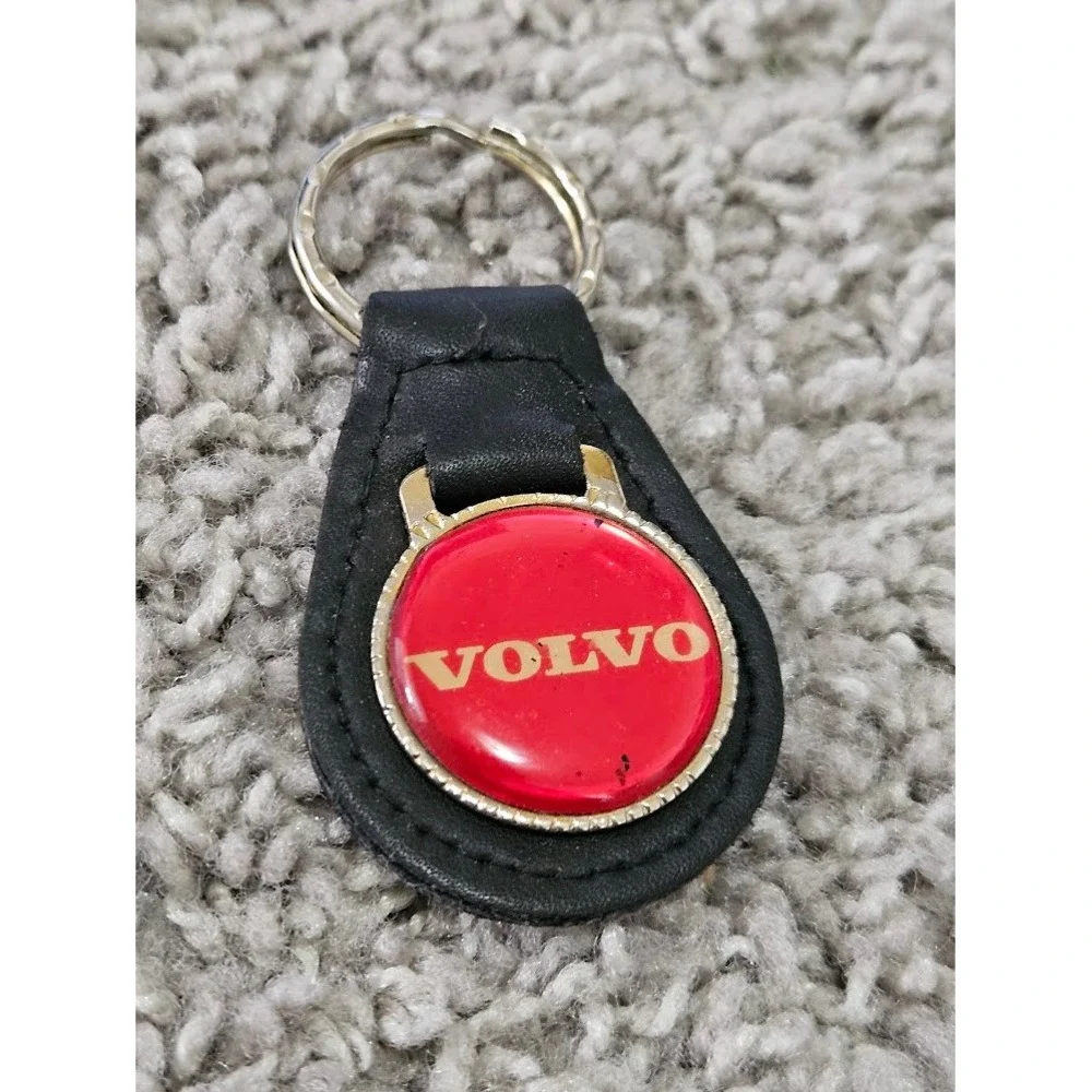 Vintage Volvo Keychain Black Leather Red Dome Gold Lettering Auto Fob Accessory